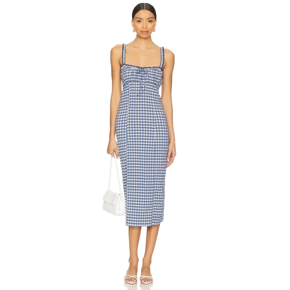 Free People Gingham Lace Up Back Midi Dress Blue White Small